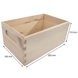 Wooden Open Crate Box 25 x 16 x 11 cm with Etched Handles | Sharp Corners | Plain Untreated Decorative Pine for Craft Decoupage