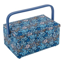 Hobby Gift Medium Sewing Box – Woodblock floral Cotton Fabric with Plastic Handle, Hard Plastic Internal Tray with Compartments, Lid with Pocket & Pincushion Stylish 17.8 x 24.5 x 14.5cm