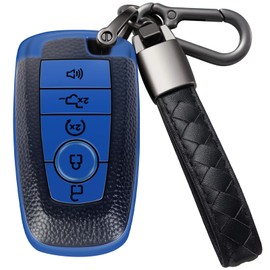 COTlYBOK for Ford Key Fob Cover with Leather Keychain TPU Car Key Case Shell 360 Degree Protection for Ford Maverick Edge Mustang Fusion Explorer Escape F150 F250 F350 F450 F550 Smart Key(Blue)