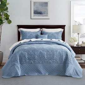 CHIXIN Oversized King Bedspread 128x120 Extra Wide - Lightweight Bedding Cover - Beautiful Stitching - 4 Piece Reversible Bedspread - Luxury Damask Paisley Pattern (King/Cal King, Ashley Blue)