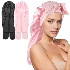 Abeillo 2 Pcs Large Satin Bonnet for Women, Extra Long Silk Bonnet for Sleeping Bonnet with Tie Band and Scrunchies, Sleep Cap for Long Curly Hair, Locs, Braids (Black, Pink)