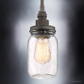 Urban Ambiance Luxury Industrial Hanging Pendant Light, Small Size: 9.5" H x 4" W, with Provencial Style Elements, Aged Pipe Design, Antique Black Finish and Mason Jar with Floral Pattern, UQL2665
