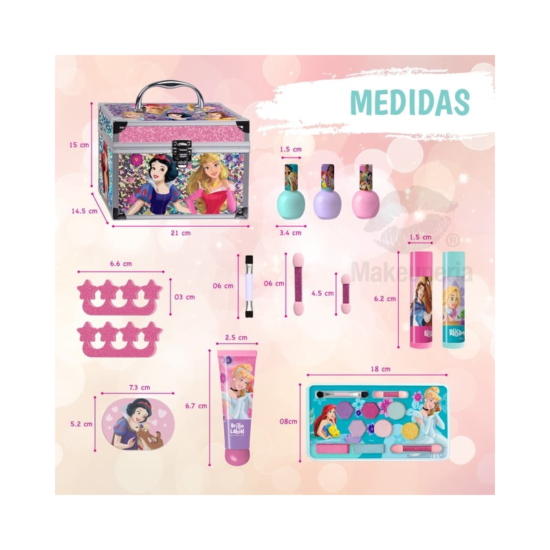 Set de Cosméticos Princesas con Estuche, Brochas y Brillos Labiales,