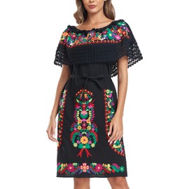 Women's 2024 Embroidered Summer Dress Lace Casual Ruffle Off-Shoulder Sleeveless Dress Boho Flowy Dress (M, 321BK3)