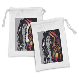 Ambesonne Youth Fabric Pouch Set of 2, Woman with Black Hair Floral and Geometric Ornaments Glamor Femininity, Small Drawstring Bag for Toiletries Masks and Favors, 9" x 6", Multicolor