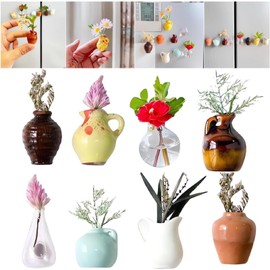 8Pcs Mini Vase Magnete, Vasen Magnetisch, 3D Keramik Vase Kühlschrank Magnete, Harz Blumenvasen Mit Plastik Trockenblumen, Kühlschrank Accessoires Für Küche Und Büro