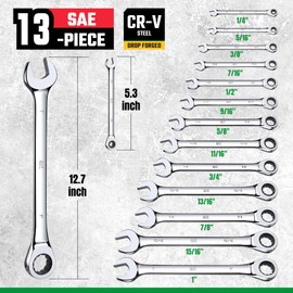 SK Ratcheting Wrench Set, Combination Wrench Set, 13-Piece, SAE 1/4" to 1", 72-Tooth, Premium CR-V Construction, with Rack Organizer