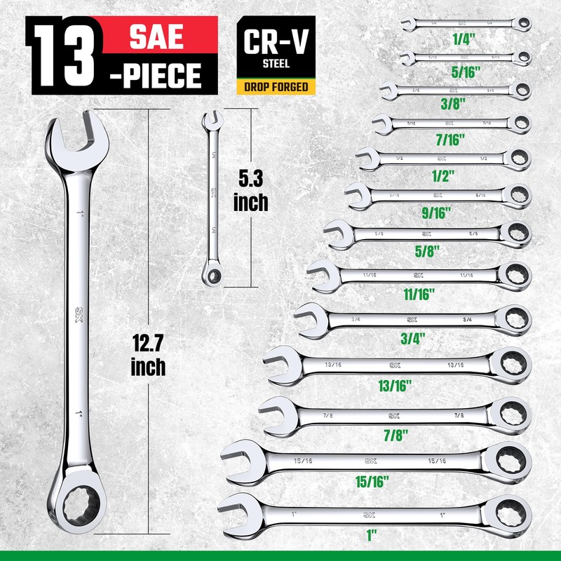 SK Ratcheting Wrench Set, Combination Wrench Set, 13-Piece, SAE 1/4"
