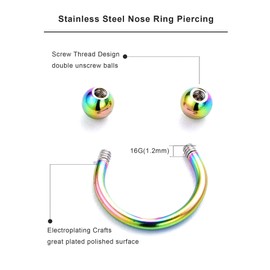 BBTO 12 Pieces Stainless Steel Nose Studs Septum Horseshoe Hoop Stud Piercing Rings for Ear Eyebrow Tragus Lip, Assorted Colors