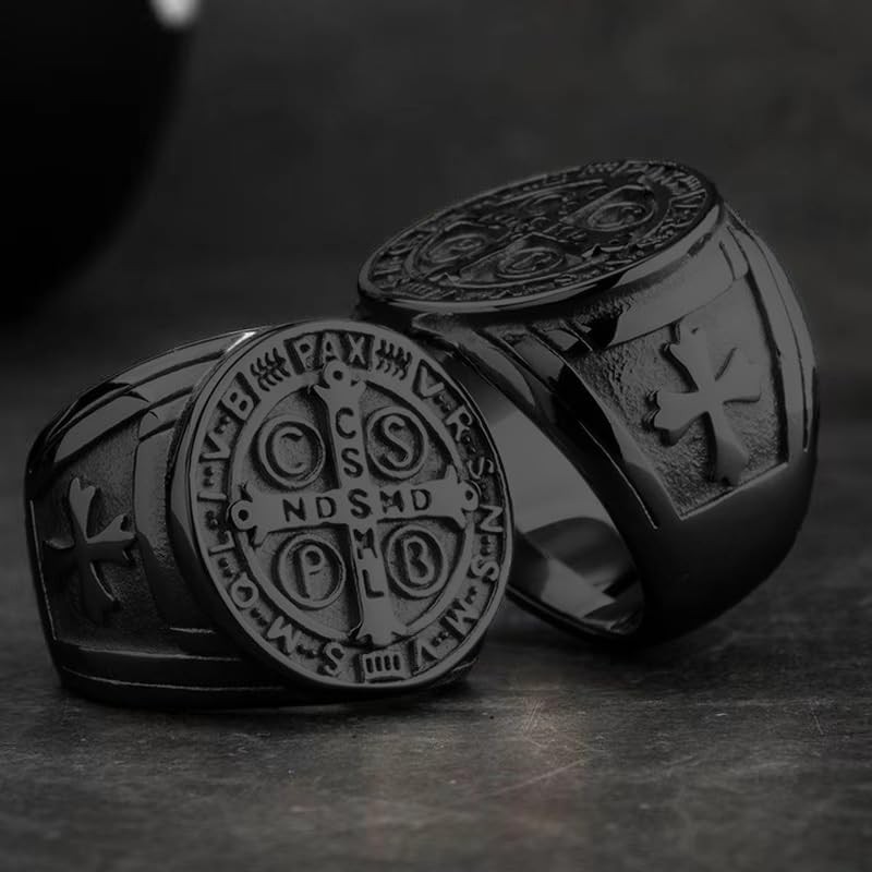 REchoLI Cross Ring for Man Black Stainless Steel Saint Benedict