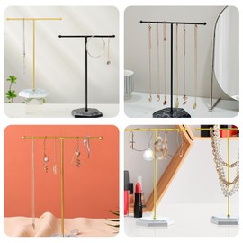 YUNXCNA Gold T Shaped Jewellery Holder Chain Holder Metal Marble Base for Small Necklaces and Bracelets