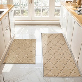JSEI Kitchen Rugs, Non-Slip Kitchen Mats for Floor, Soft Washable Absorbent Kitchen Mats 2 Pieces, Kitchen Carpet Runner with TPR Backing, Polyester, 20”x32”+20”x48”, Beige