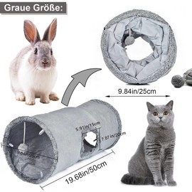 Faltbar Katzentunnel Katzenspielzeug mit Ball Spieltunnel Knisternder Rascheltunnel Aus Wildleder für Alle Katzen Kaninchen Welpen und Kleine Tiere, Mit Hängendem Lustiger Katzenstock (Grau)