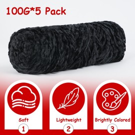 AUAUY Chunky Chenille Yarn, 5 x 100g Chenille Super Soft Chunky Yarn, Velvet Yarn for Knitting and Crocheting, Fluffy Yarn for Crochet, Blanket Yarn for Clothes, Scarves and DIY Knitted Works, Black