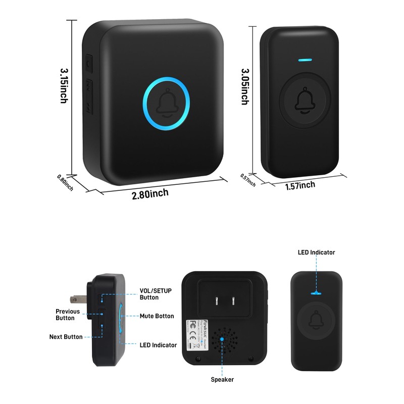 FOVKSUC Wireless Doorbell, Waterproof Door Bell Kit with 60 Chimes