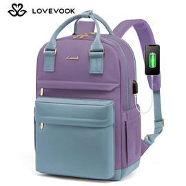 LOVEVOOK Laptop Backpack with USB Port, Backpack Purses for Women, Ideal Travel Backpacks for College, Work, Nursing, Travel, School Backpack, and Personal Item:_Dark purple-beige_15.6"-11.5"L * 17"H * 7.2"D