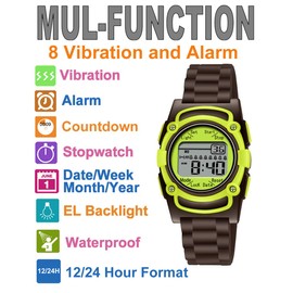 T TICCI Kids Digital 8 Alarm Vibrating Watch Medication Reminder Potty Urinary Training Pill Alert Vibra Medical Reminder for Children (Brown Green Brown)
