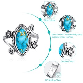 AVECON Turquoise Rings for Women 925 Sterling Silver Rings with 15 * 7mm Marquise Cut Turquoise Stackable Boho Statement Ring Vintage Birthday Jewelry Gift for Her Size 9