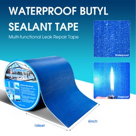 Waterproof Tape for Solar Pool Cover Repair,Blue Duct Tape Heavy Duty Waterproof for Pool Liner Patch,Butyl Sealant Tape for RV Awning,Metal Roof,Vent,Piple,Boat Sealing,6" x16Ft