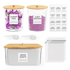 MIKESIER Laundry Pods Container - Clear laundry detergent dispenser, Dryer Sheet Holder with Scoops Labels & 3 Mesh Laundry Bags for Modern Laundry Room Organization Decor