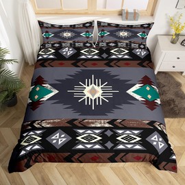 Erosebridal Western Comforter Cover Vintage Geometric Triangle Diamond Duvet Cover,Boho Western Bedding Sets King,Southwestern Native Aztec Bed Set Ethnic Tribe Arrow Sriped Room Decor,Grey Brown