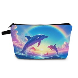 YULUENZE Dolphin Gift Rainbow Dolphin Makeup Bag Cute Small Organizer Bag with Zipper Lovely Dolphins Cosmetic Bag Birthday Gifts for Dolphin Lovers Women Sisters Friends