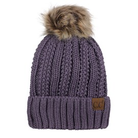 C.C Gorro grueso de punto trenzado de pelo sintético mullido con forro polar, Violeta, Talla única