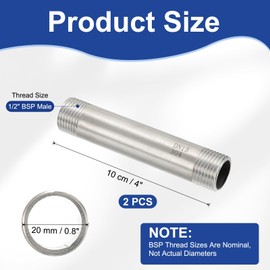 PATIKIL 304 Stainless Steel Pipe Fitting, 2 Pack 1/2" BSP Male x 1/2" BSP Male Threaded 3" Length Nipple Cast Pipe for Extending Piping, Silver