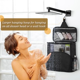 Large Shower Caddy Portable for College Dorm, Hanging Mesh Shower Bag with Hook for Camping Drain from Bottom - Dorm Room Essentials for Guys - Travel Men Women, Black