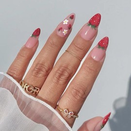 Boloshine 24 Pcs False Nails Medium Length, Cat Eye Strawberry Press on Nails Almond in 12 Sizes, Reusable Full Cover Acrylic Stick on Nails Tips Fake Nails for Girls Women Nails Art