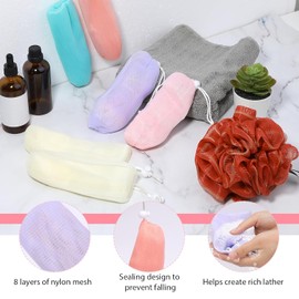 6Pcs Random Color Exfoliating Mesh Soap Pouch Bubble Foam Net Bag for Body Facial Cleaning Tool,for Shower Saver Pouch Drawstring Foaming Net Soap Bag Used Repeatedly Easy to Store Cleansers