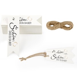 Pack of 100 Thank You Gift Tags, 7 x 2 cm Schön Dass Du Da Bist Pendants, Thank You Pendant with 20 m Cord, Label Pendant Schön Dass Du Da Bist for Wedding, Christmas, Birthday Gifts (White)