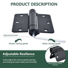 SORGMACH Self Closing Hinge 3 ½"x 3 ½" Adjustable 3 1/2 Inch Matte Black Auto Close Spring Hinges Door Closer Hinge 1/4" Radius Corner for Commercial Grade Auto Self-Closing 3 Pieces