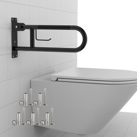 Toilet Grab Bar 22.4 Inch Black, Munzong Anti-Slip Handicap Grab Bars with Paper Holder, Flip-Up Bathroom Safety Rails, Stainless Steel Knurled Support handrails for Seniors Elderly Disabled Pregnant