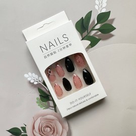 24 Pcs Almond Press on Nails Medium Length Fake Nails Black Silver Lines Wave Design False Nails Full Cover Glue on Nails Glossy Pink Acrylic Nails for Women and Girls Nail Art Decoration