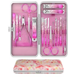 OFIDUS Nail Clippers Set Fingernail and Toenail Clipper Cutters, Professional Manicure Pedicure Kit 18Pcs, Nail Care Grooming Tools with Luxurious Travel Case (Diamond Rose)