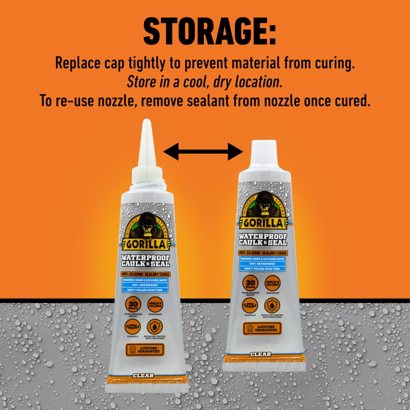Gorilla Waterproof Caulk & Seal Silicone Sealant, 2.8oz Squeeze Tube