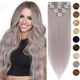 Silk-co Hair Extensions Clip in Hair Extension Human Hair (16inch-65g, Grey Hair) -Basic Thickness-Thin Weft- 8 PCS Real Remy Straight Hair Extensions