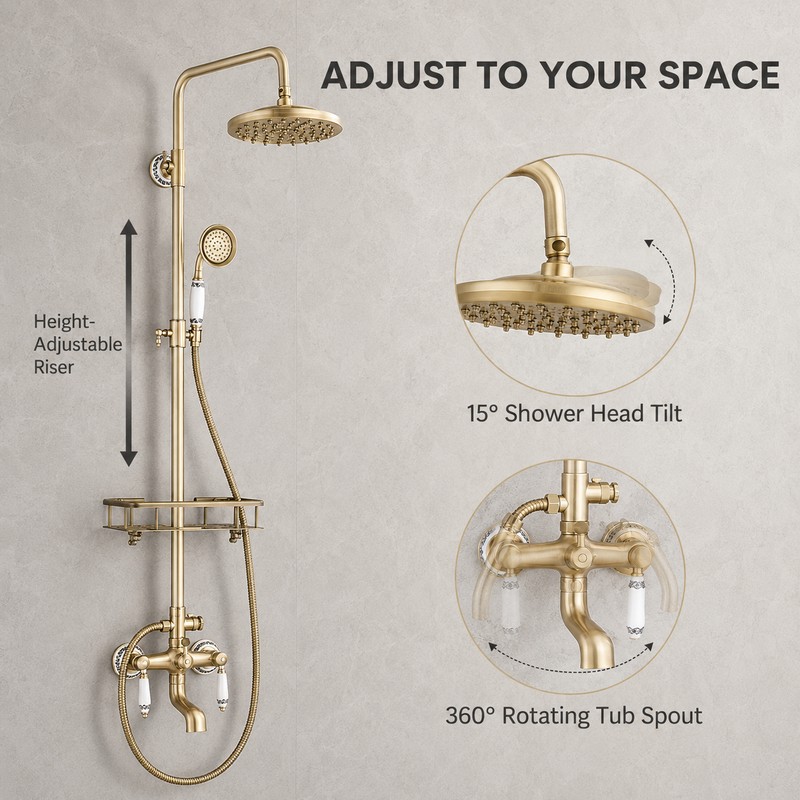 Antique Brass 8-Inch Rainfall Shower System with Hand Shower &
