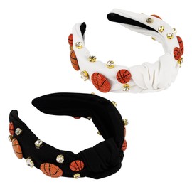 Framendino, 2 Pack Basketball Knotted Headband for Women Crystal Rhinestone Jeweled Head Band Black Knot Embellished Hairband Hair Accessories