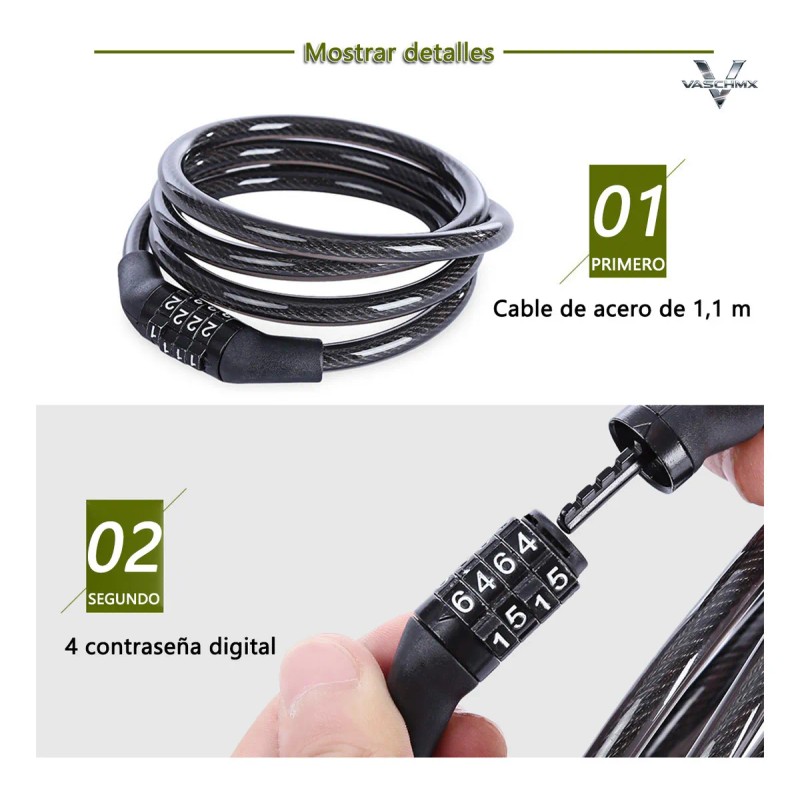 Candado Cadena Gomia Negro 1.2m Combinación Para Bicicleta Moto VRVALUE