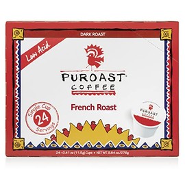 Puroast Low Acid Coffee Single-Serve Pods, French Roast, Certified Low Acid Coffee - pH above 5.5, Dark Roast, Original, (24 Count)- Gut Health, Higher Antioxidant, Roasted with Clean Energy - Compatible with Keurig 2.0 Coffee Makers