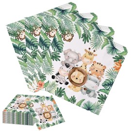 Pack of 40 Napkins Children's Birthday Party Jungle Party Motif Animals, Leaves, Green for Forest Animals Birthday and Napkins Animals 33 x 33 cm Boys Table Decoration