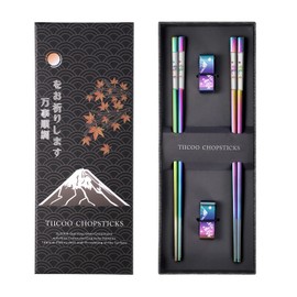 TIICOO Metal Chopsticks Reusable 2 Pairs Titanium Plated 18/8 Stainless Steel Chopsticks with Holder, Dishwasher Safe Non-Slip Japanese Style Laser Engraved Chop Sticks Gift Set (Rainbow)