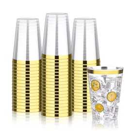 BESTVIP 12oz Gold Plastic Cups, 100 Pack Gold Rimmed Disposable Cups, Heavy-duty Party Cocktail Glasses, Plastic Cups for Party, Holiday, Wedding and Birthday