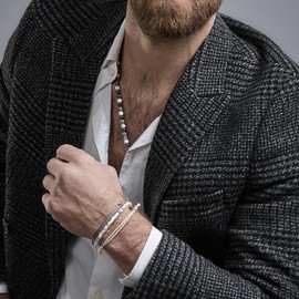 Nato Cuff - 925 Sterling Silver Bracelet - Square Howlite Beads Semi-Precious Stones - Men's and Women's Jewellery Handmade in France, Sterling Silver, howlite