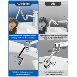Hibbent Tap attachment, 1440 degree rotating multifunctional extension tap, water-saving sieve jet regulator, suitable for kitchen/bathroom, two different water vapour flows, chrome