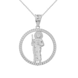 Sterling Silver Saint Jude Thaddeus Round Rope Design Frame Necklace, 20"