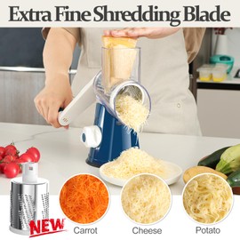 Cambom Rotary Cheese Grater Hand Crank Cheese Shredder for Fresh Cheese, Vegetable, Nuts, Non-slip Suction Base,Five Blades, Deep Blue