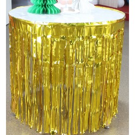 CareCheer 2 Pack 29x108 Inch Metallic Foil Fringe Table Skirt Tinsel Skirting Garland Banner for Parade Floats Trailer Mardi Gras Birthday Baby Shower Wedding Party Decoration (Gold)